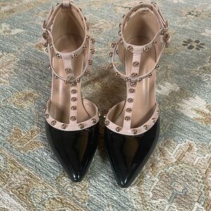 Studded Heels Ankle Strap Stud Sandals Pointy Closed Toe 4'' Stiletto  6 1/2